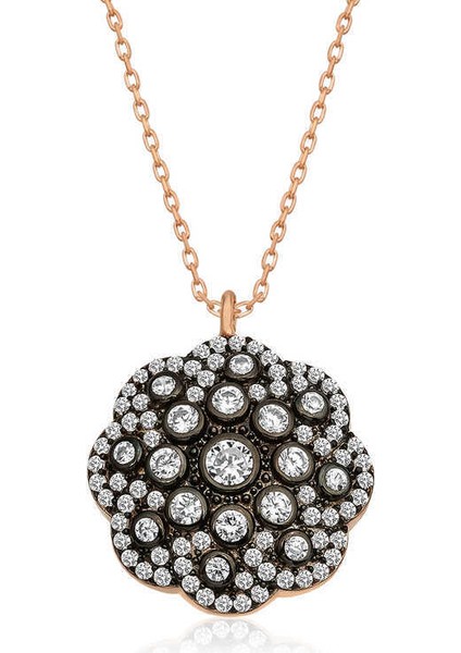 Gümüş Çiçek Desenli Elmas Montür Kolye