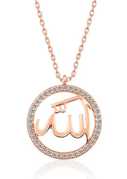 Gümüş Rose Arapça Allah Yazılı Bayan Kolye