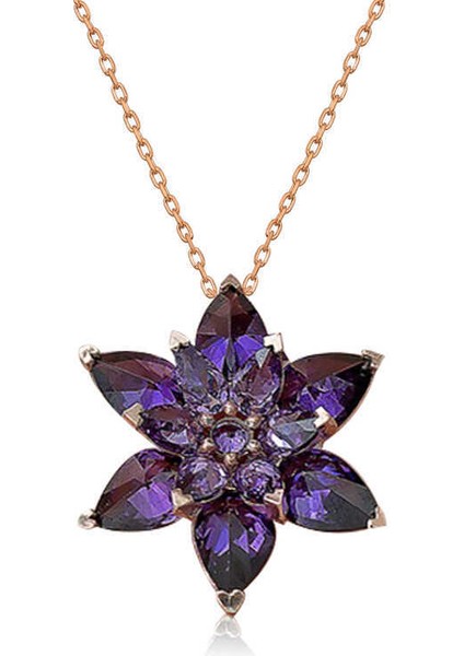 Gümüş Rose Mor Lotus Çiçeği Kolye