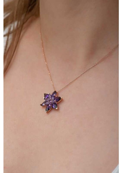 Gümüş Rose Mor Lotus Çiçeği Kolye modelleri