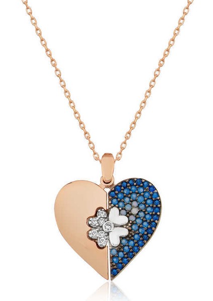 ​Gümüş Rose Kalpli Yonca Bayan Kolye