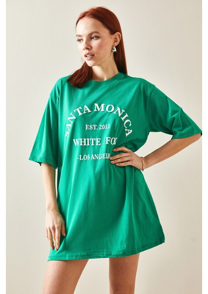 Yeşil Bisiklet Yaka Yazılı Midi Oversize T-Shirt 5YXK1-48207-08