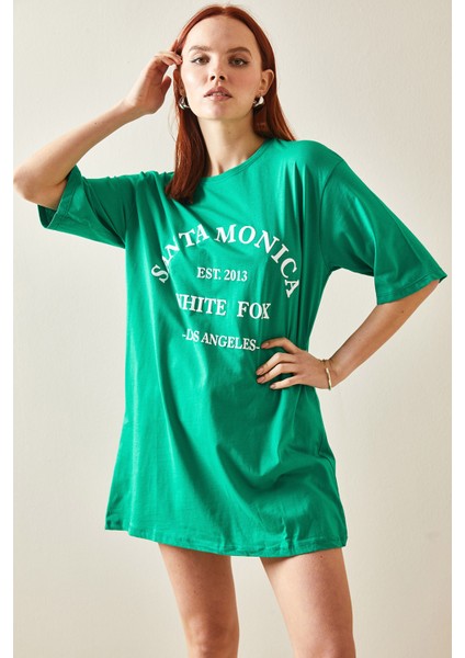 Yeşil Bisiklet Yaka Yazılı Midi Oversize T-Shirt 5YXK1-48207-08