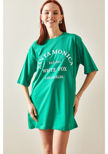 Yeşil Bisiklet Yaka Yazılı Midi Oversize T-Shirt 5YXK1-48207-08