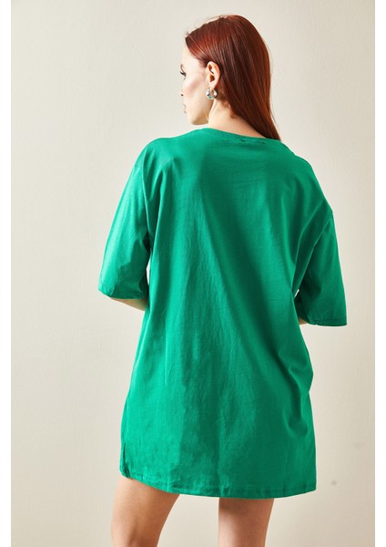 Yeşil Bisiklet Yaka Yazılı Midi Oversize T-Shirt 5YXK1-48207-08