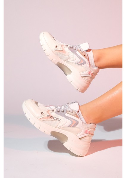 Duja Bej Gri Multi Fileli Kadın Kalın Taban Spor Sneakers