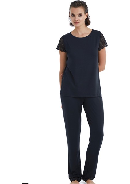 BLACKSPADE-51302-KADIN Dantel Kısa Kollu Pijama Takımı-Siyah