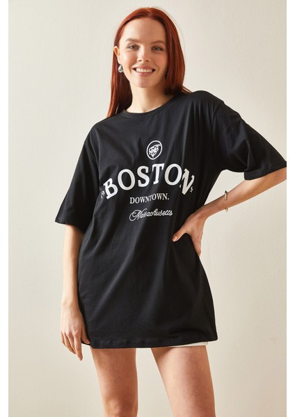 Siyah Bisiklet Yaka Yazılı Oversize T-Shirt 5YXK1-48209-02