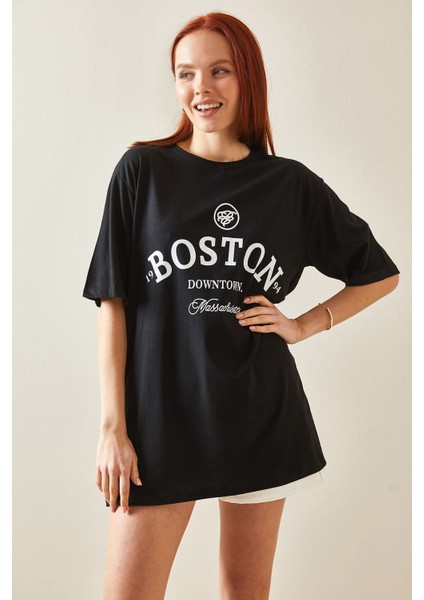 Siyah Bisiklet Yaka Yazılı Oversize T-Shirt 5YXK1-48209-02