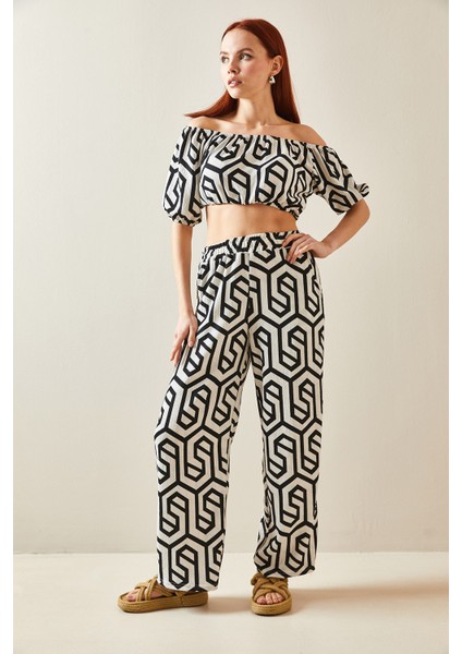 Siyah Desenli Salaş Crop Ikili Takım 5YXK8-48188-02