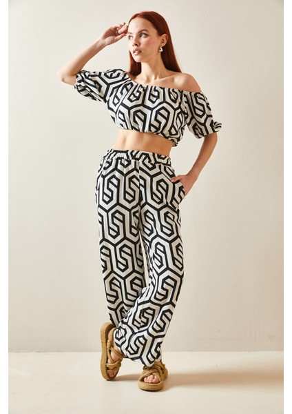 Siyah Desenli Salaş Crop Ikili Takım 5YXK8-48188-02 modelleri