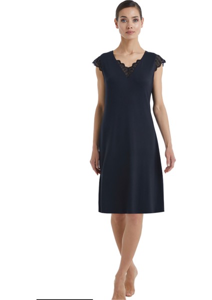 -51301-KADIN Dantelli V Yaka Gecelik-Siyah