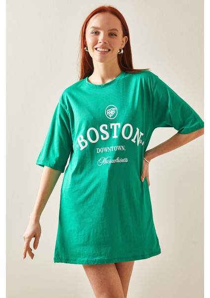 Yeşil Bisiklet Yaka Yazılı Oversize T-Shirt 5YXK1-48209-08