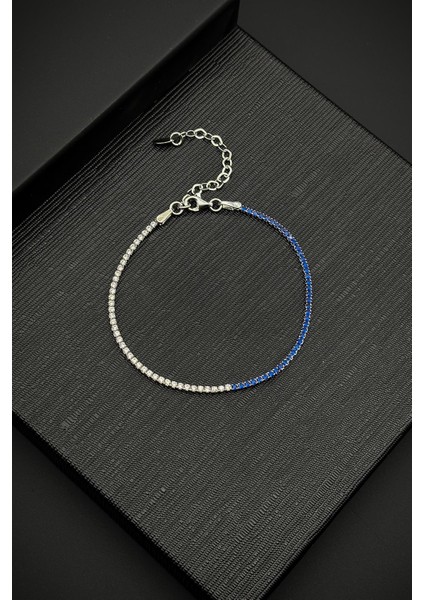 925 Ayar Gümüş 2mm Zirkon Taşlı Lacivert Renk Tennis Erkek Bileklik FRJ11979-2079-L2A