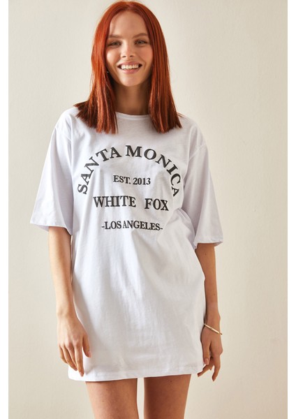Beyaz Bisiklet Yaka Yazılı Midi Oversize T-Shirt 5YXK1-48207-01