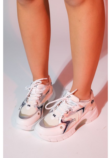 Duja Beyaz Gümüş Multi Fileli Kadın Kalın Taban Spor Sneakers