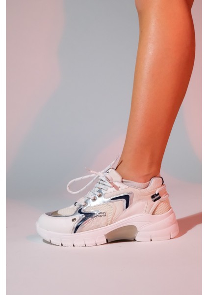 Duja Beyaz Gümüş Multi Fileli Kadın Kalın Taban Spor Sneakers