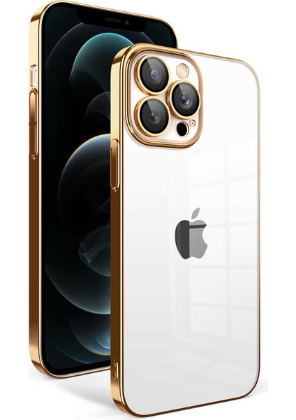 Apple iPhone 12 Pro Max - Uyumlu Kamera Korumalı Renkli Çerçeveli Garaj Kapak-Gold