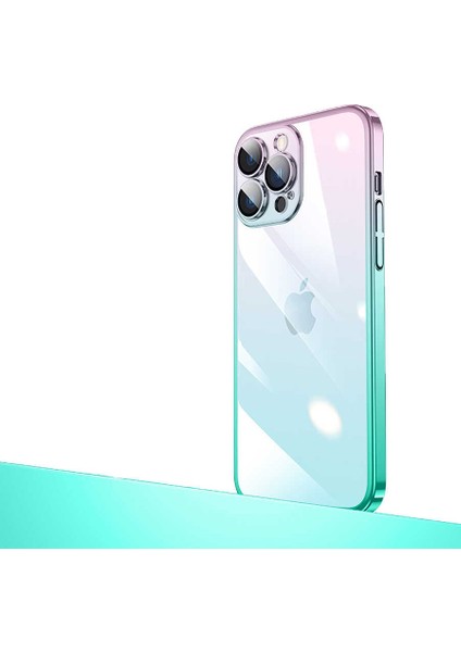 Apple iPhone 13 Pro Max - Uyumlu Parlak Renk Geçişli Kamera Korumalı Senkron Kapak-Pembe-Mavi