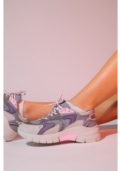 Duja Gri Pembe Multi Fileli Kadın Kalın Taban Spor Sneakers