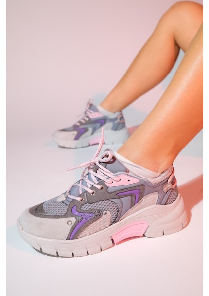 Duja Gri Pembe Multi Fileli Kadın Kalın Taban Spor Sneakers