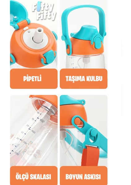 Pipetli 680 ml Boyun Askılı Tritan Çocuk Su Matarası -Kutulu- FFUZ2202680