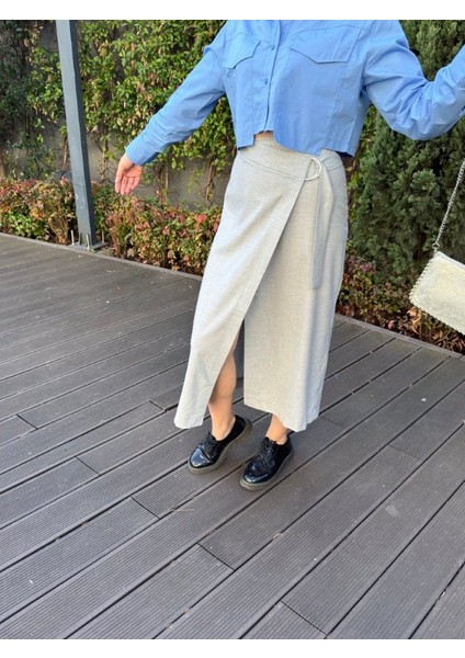 Albi Hadi Gri Bağlama Detaylı Tokalı Tasarım Kumaş Kadın Etek