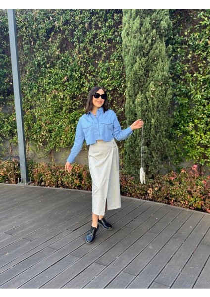 Albi Hadi Gri Bağlama Detaylı Tokalı Tasarım Kumaş Kadın Etek modelleri