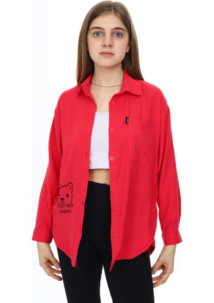 Fuşya Ayıcık Baskılı Yırtmaçlı Kız Çocuk Düğmeli Gömlek 18415