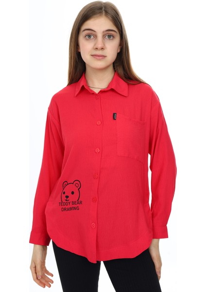 Fuşya Ayıcık Baskılı Yırtmaçlı Kız Çocuk Düğmeli Gömlek 18415 modelleri