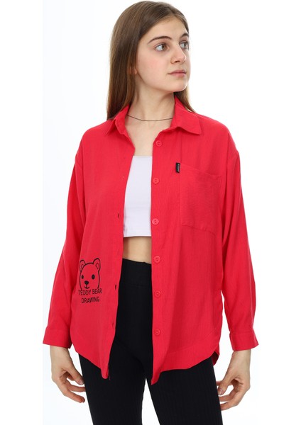 Fuşya Ayıcık Baskılı Yırtmaçlı Kız Çocuk Düğmeli Gömlek 18415 fırsatları