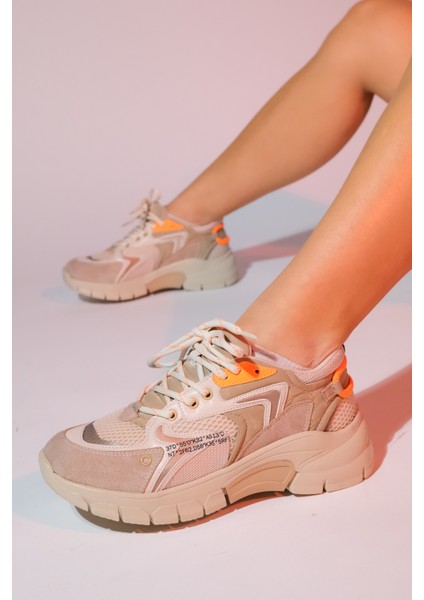 Duja Bej Turuncu Multi Fileli Kadın Kalın Taban Spor Sneakers