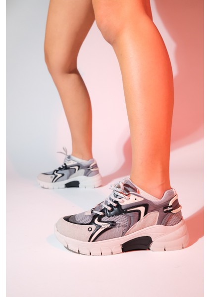 Duja Gri Siyah Multi Fileli Kadın Kalın Taban Spor Sneakers