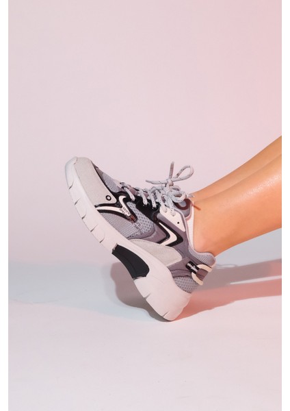 Duja Gri Siyah Multi Fileli Kadın Kalın Taban Spor Sneakers