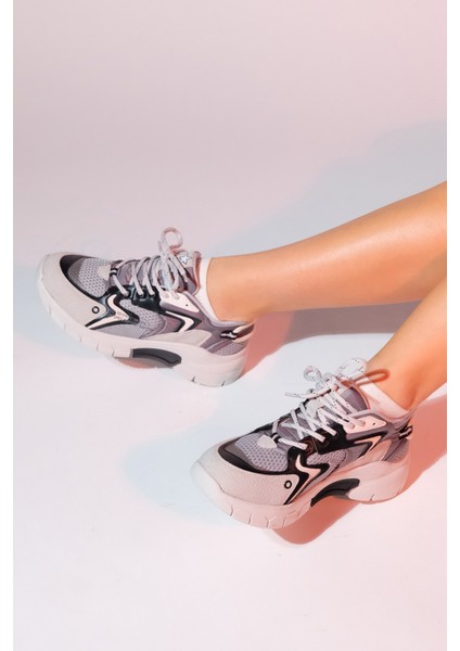 Duja Gri Siyah Multi Fileli Kadın Kalın Taban Spor Sneakers