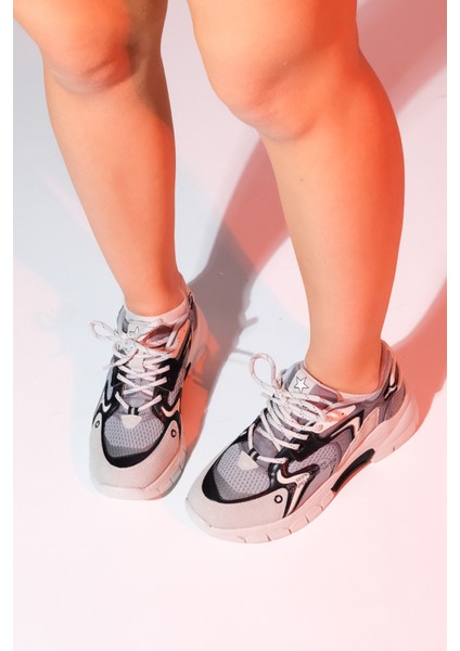 Duja Gri Siyah Multi Fileli Kadın Kalın Taban Spor Sneakers