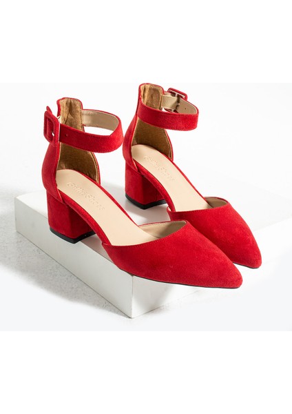 Kadin Kırmızı Süet Ayakkabı Abiye Stiletto Kalın Topuk Gelinlik Ayakkabısi 5.5Cm