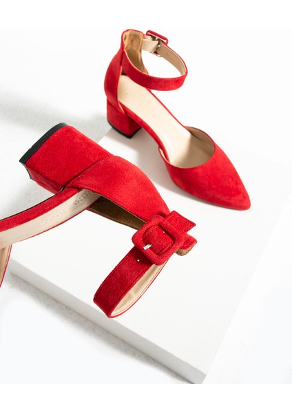 Kadin Kırmızı Süet Ayakkabı Abiye Stiletto Kalın Topuk Gelinlik Ayakkabısi 5.5Cm fiyatları