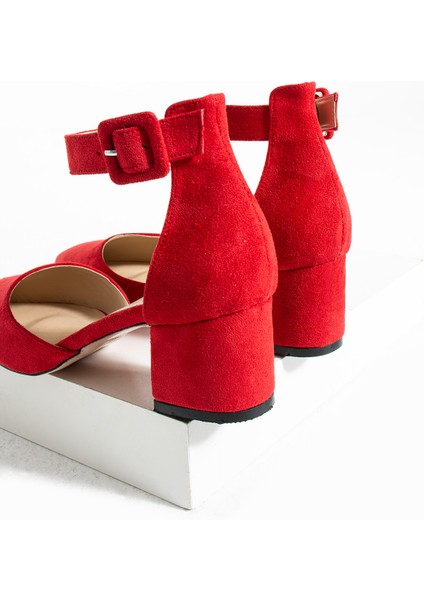 Kadin Kırmızı Süet Ayakkabı Abiye Stiletto Kalın Topuk Gelinlik Ayakkabısi 5.5Cm fırsatları