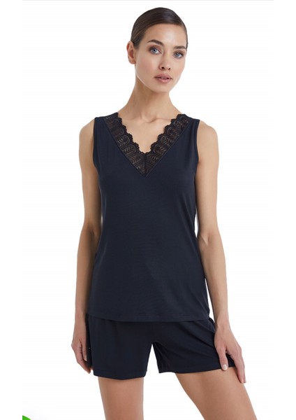 BLACKSPADE-51303-KADIN Dantelli V Yaka Şortlu Pijama Takımı-Siyah modelleri