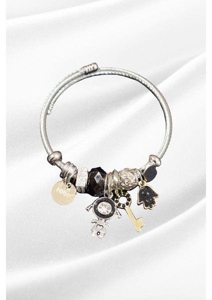 Çelik Gümüş Siyah Renk Insan Figür Zirkon Taşlı Kadın Charm Bileklik