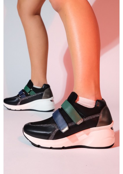 Berge Siyah Multi Kadın Cırtlı Dolgu Taban Spor Sneakers