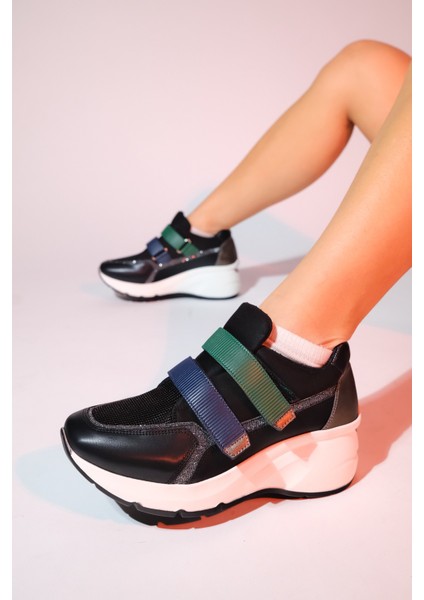 Berge Siyah Multi Kadın Cırtlı Dolgu Taban Spor Sneakers