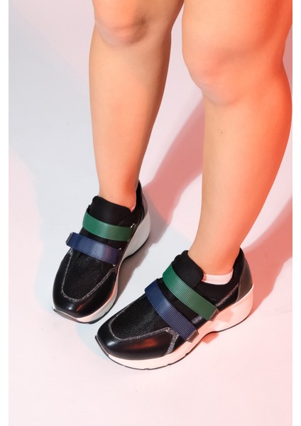 Berge Siyah Multi Kadın Cırtlı Dolgu Taban Spor Sneakers