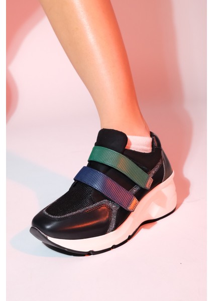 Berge Siyah Multi Kadın Cırtlı Dolgu Taban Spor Sneakers