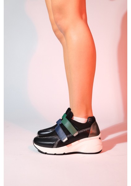 Berge Siyah Multi Kadın Cırtlı Dolgu Taban Spor Sneakers