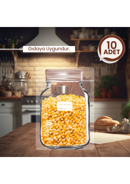 Büyük Boy Bakır Metal Kapaklı Kavanoz Görünümlü Saklama Poşeti 10 Adet 1000 ml
