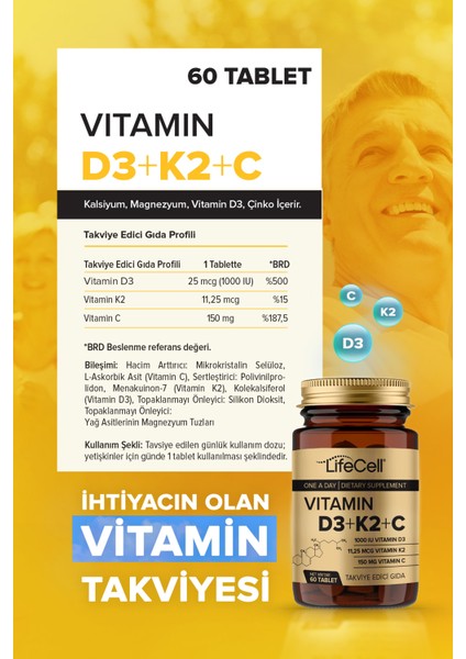 Vıtamın D3 K2 C - 60 Tablet Komplex Vitamin Desteği
