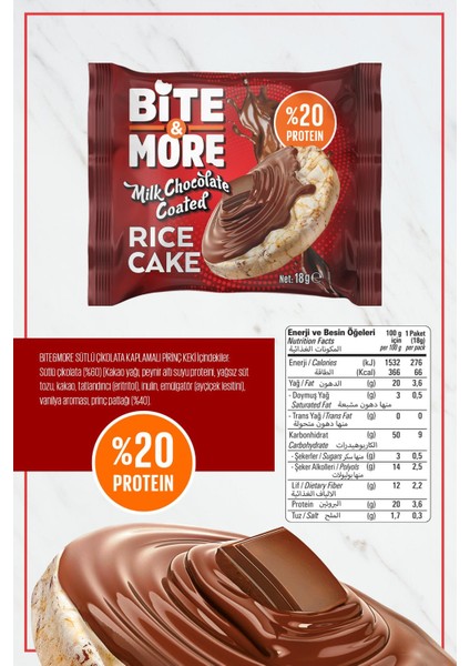 Bite & More Rice Cake 18 Gram x 24 Adet Milk Chocolate Coated (Pirinç Patlağı Sütlü Çikolata Kaplı)