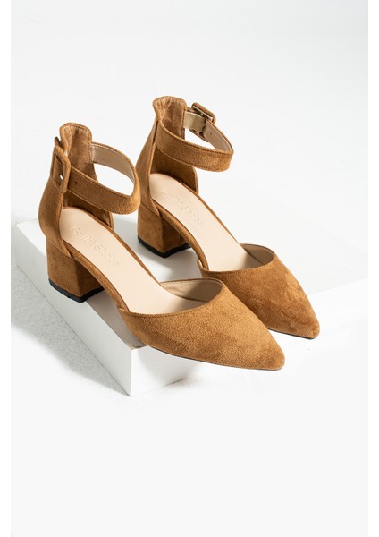 Kadin Kahve-Süet Ayakkabı Abiye Stiletto Kalın Topuk Gelinlik Ayakkabisi 5.5cm